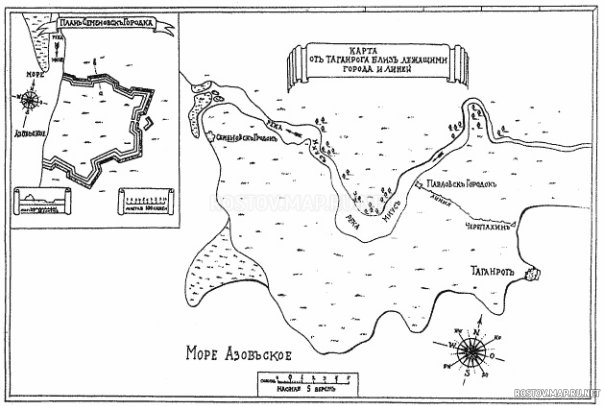 Карта Таганрога с близ лежащими городами, История, Черно-белые, Карта